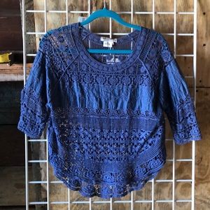 Miss Kelly Blue Floral Crochet Lace Boho Top Small